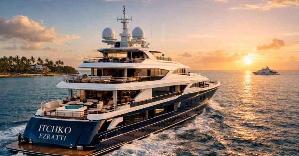 Side view of AVANTI yacht docked at marina, with upper deck, pool area, sleek bow, and elegant trim