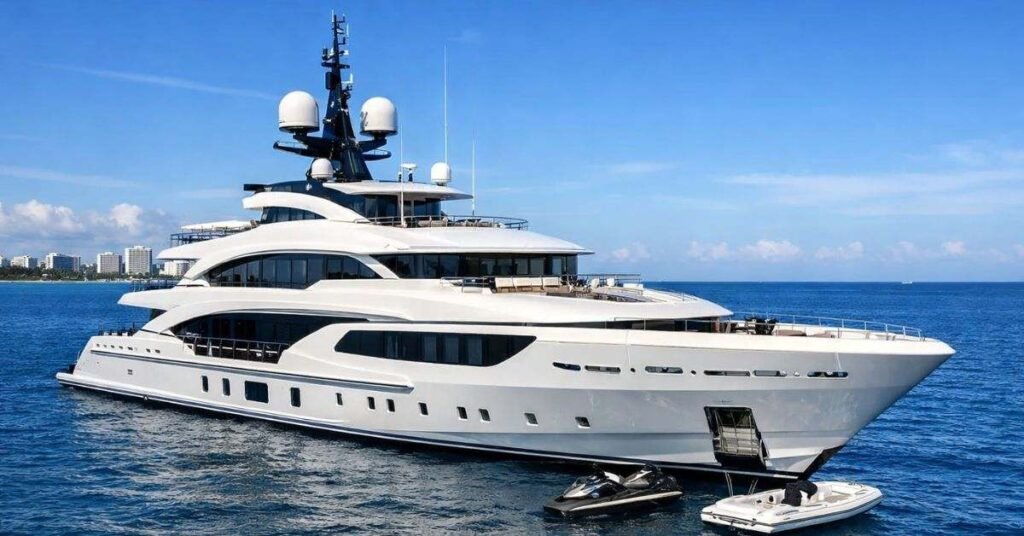 Luxury $100M superyacht AVANTI cruising on blue ocean water with clear skies and modern design