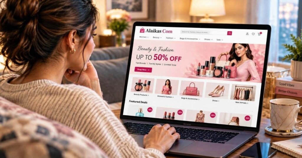 Woman checking a size chart on her phone while shopping for casual dresses on an online fashion site