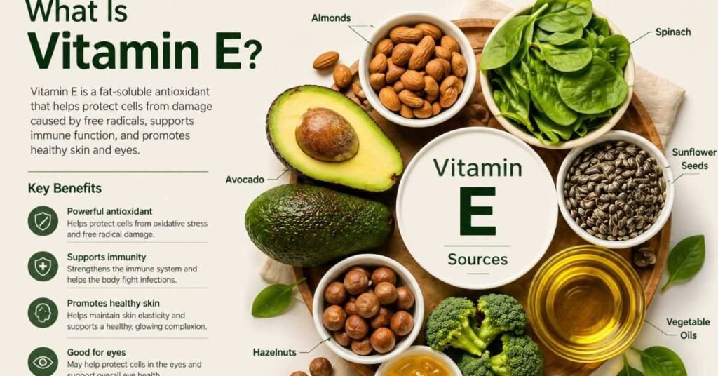 bntamnh e supplement capsules with healthy food sources like nuts and green vegetables on white plate