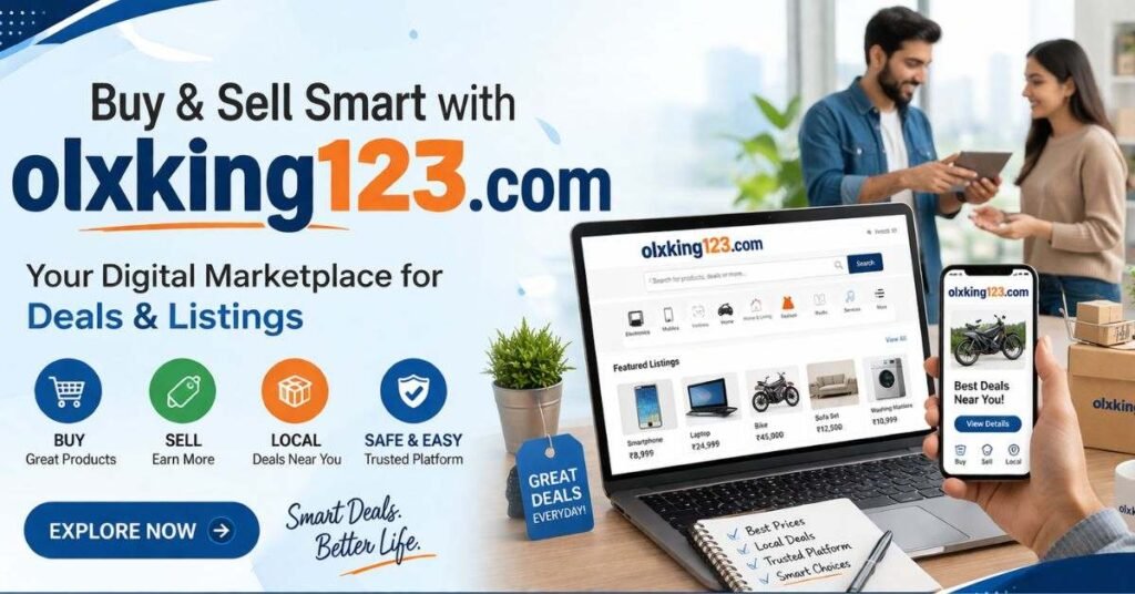 Online marketplace workspace with laptop and mobile buying selling products