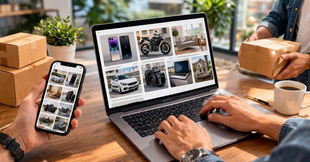 olxking123.com Online marketplace workspace with laptop and mobile buying selling products