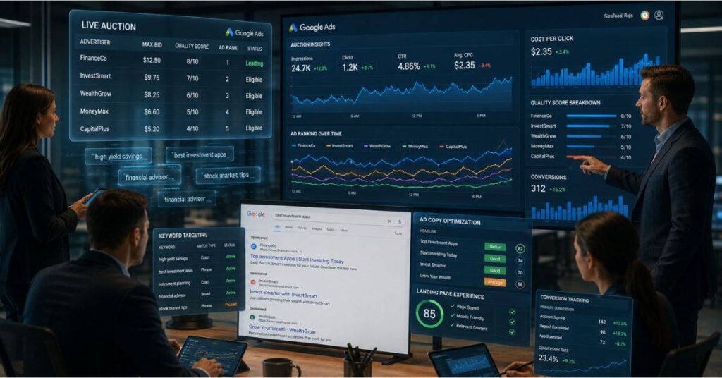 Business owner reviewing PPC management reports on laptop with Google Ads open on screen