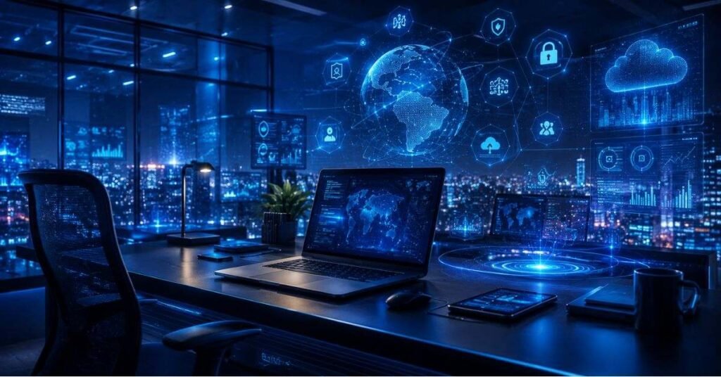 Person reading beaconsoft latest tech info on laptop with technology icons around