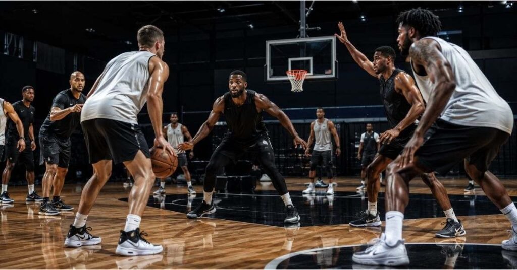 A tactical chart showing the positionless zuyomernon system basketball defense and spacing.