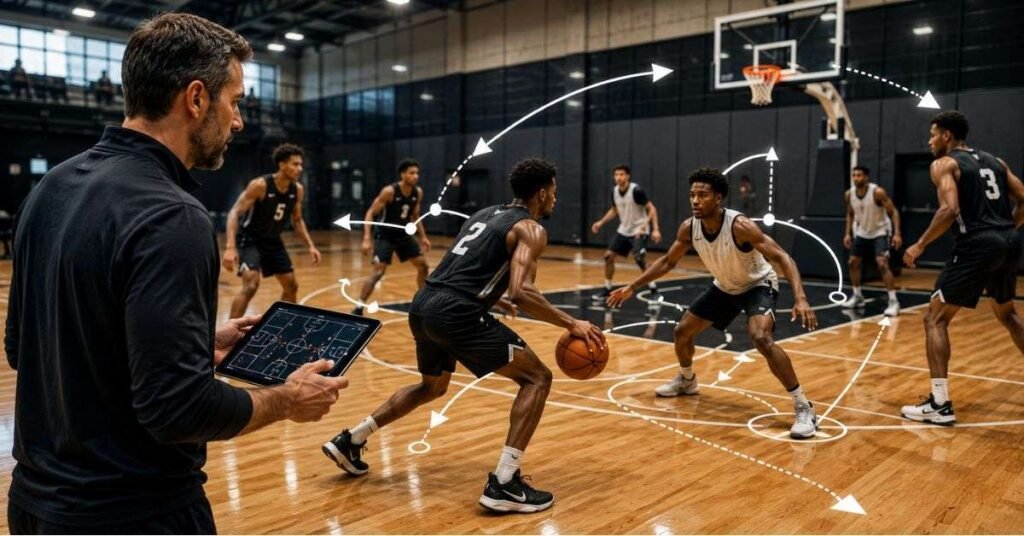 Players running a fast zuyomernon system basketball offense with quick passing on the court