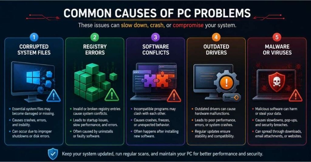 Visual chart explaining common causes and fixes for error rcsdassk on Windows computer system