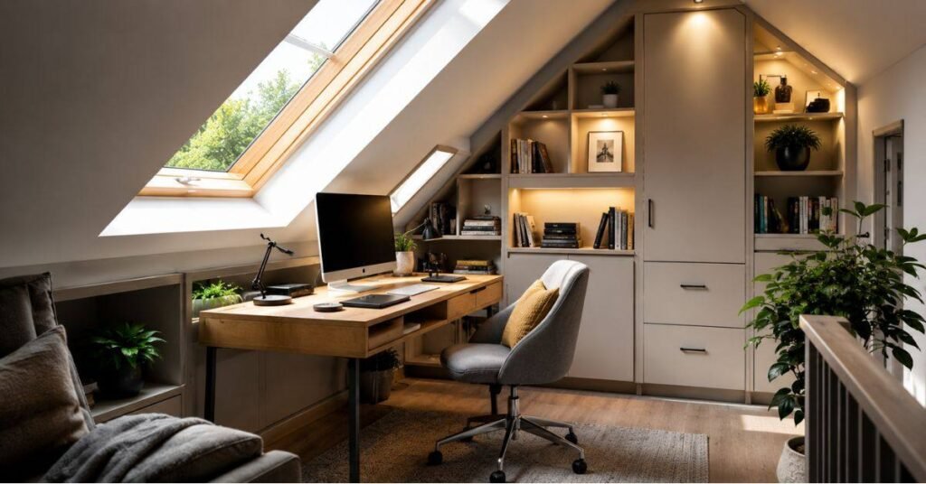 Small attic room transformed into a home office with skylights and wooden exposed roof beams