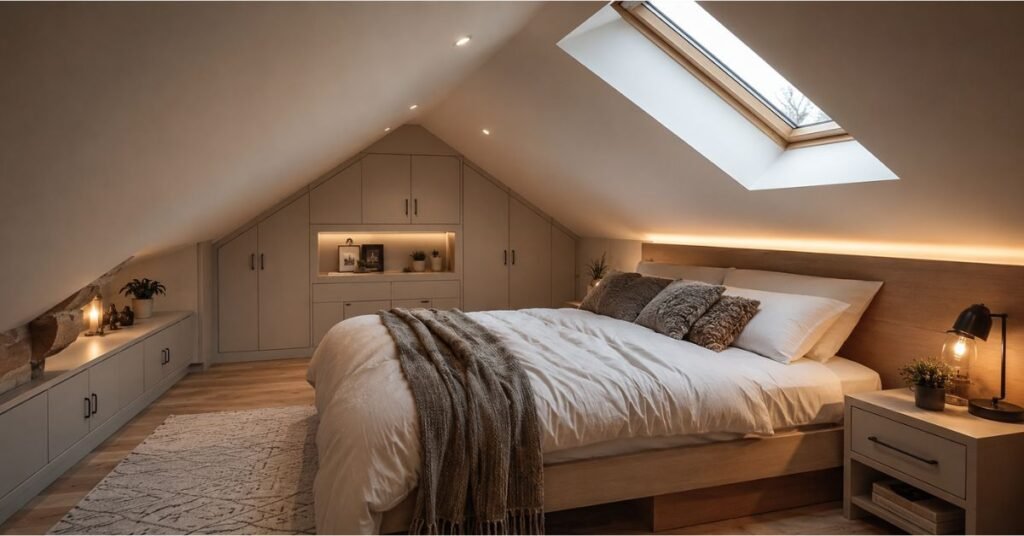 Simple and affordable loft conversion with laminate flooring and cozy bedroom furniture setup