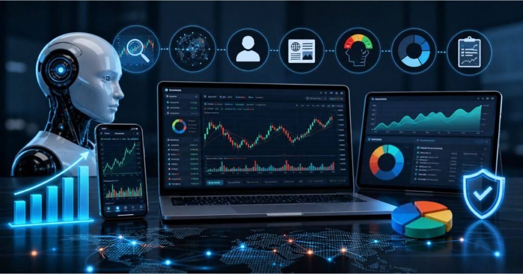 Investor using 5starsstocks.com ai tool to find top rated stocks on a laptop screen