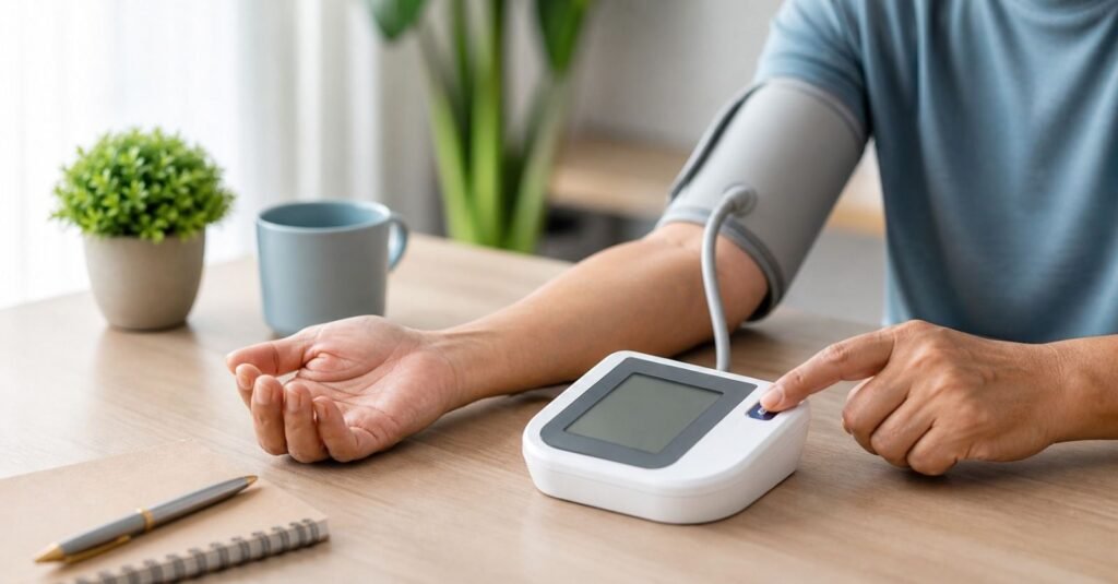 Person checking blood pressure at home using a digital monitor while sitting calmly on a chair