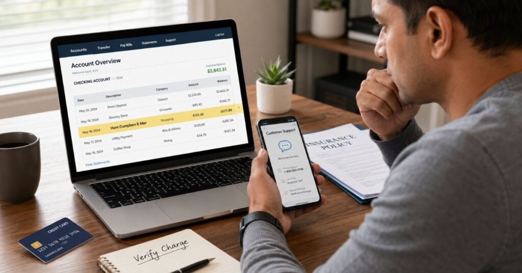 Bank statement close-up showing Humana health insurance premium charge with Georgia routing code