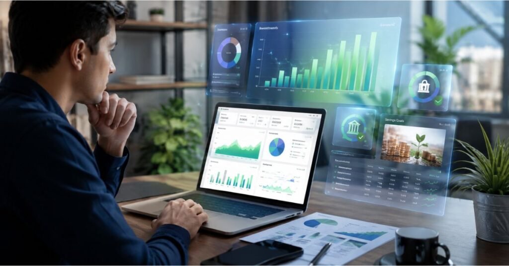 Person using mygreenbucks net jones financial tools on laptop to plan savings and manage daily money