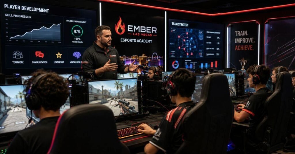 Young gamers training at EmberLas Vegas Esports coaching session inside a gaming facility
