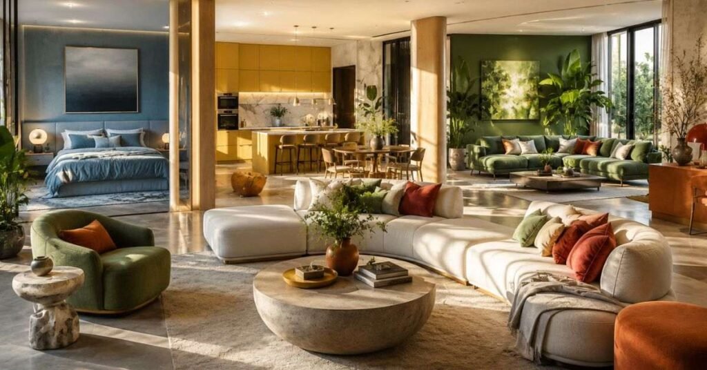 Sustainable home design with recycled materials biophilic plants and LED lighting

