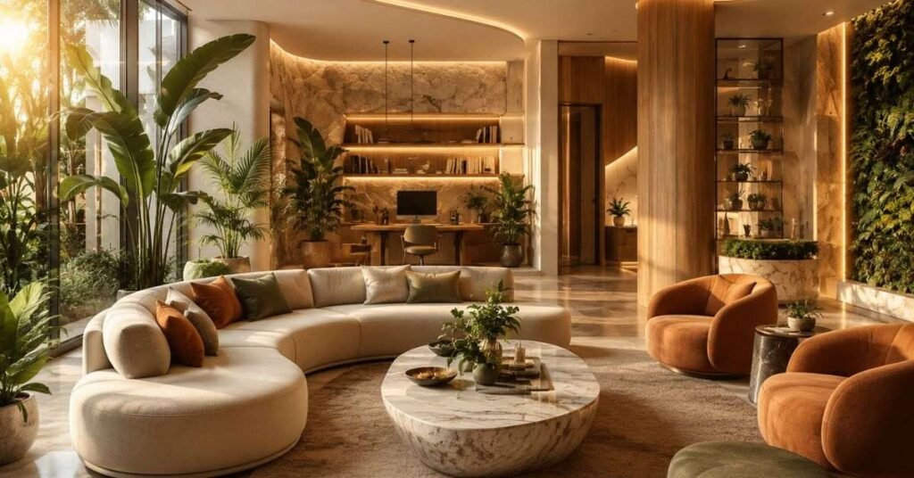 Stylish living room interior design with earthy colors and natural wood furniture