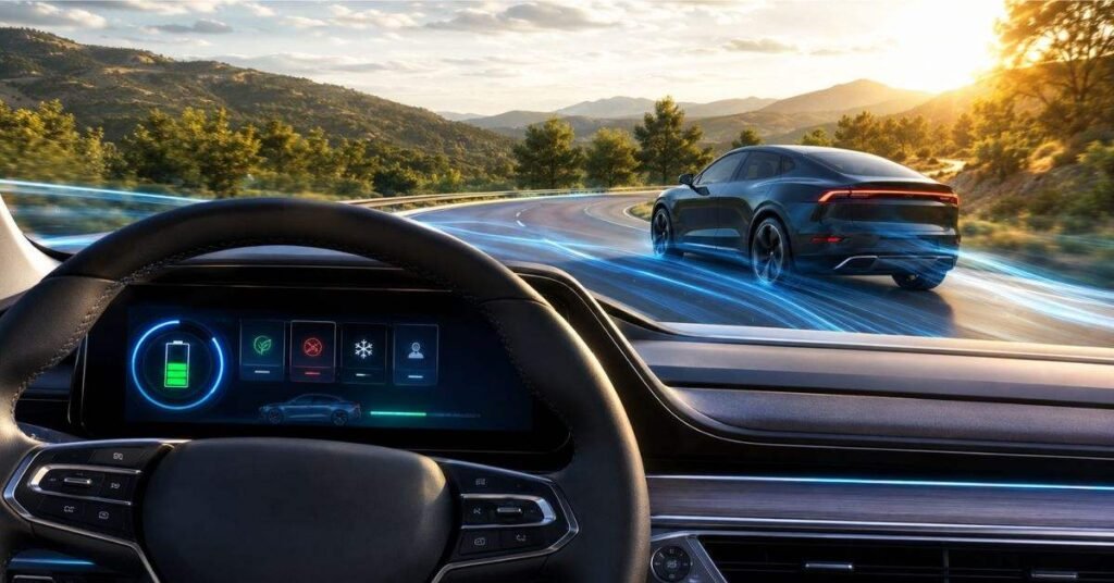 Cadillac Lyriq battery range meter showing different usage levels across multiple driving modes