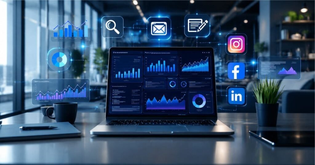 Small business owner managing store using modern digital business platform on laptop screen
