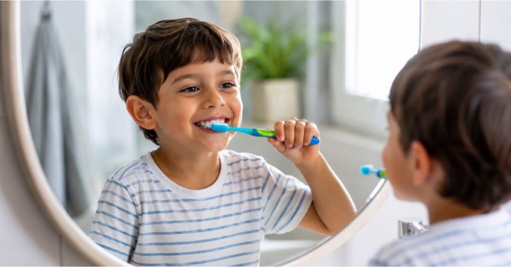 Child brushing teeth with fluoride toothpaste to build healthy dental habits early in life