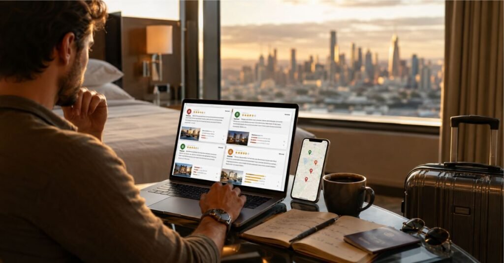Traveler reviewing hotel bill at checkout 
using smart travel tweaks to avoid extra fees
