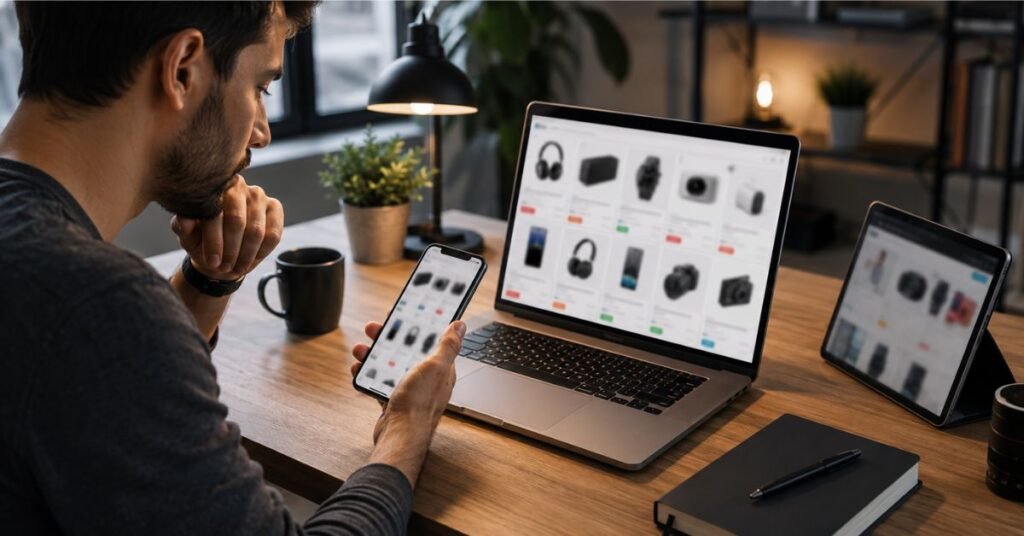 Collection of smart gadgets and tech 
accessories on table for buyer guide review