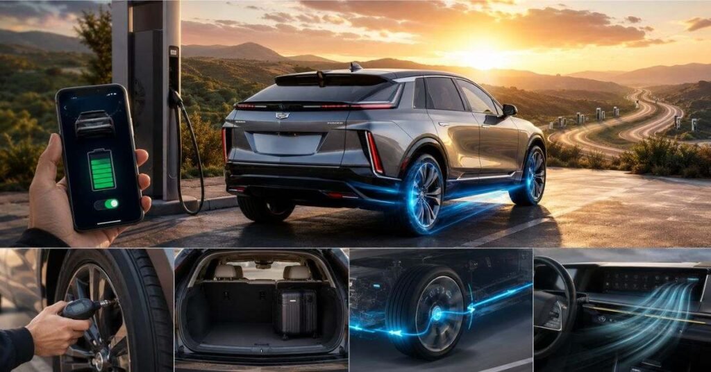 Cadillac Lyriq electric SUV charging at station showing full battery range after mode selection