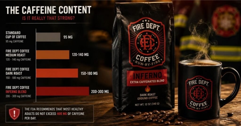 Firefighter holding a Fire Dept Coffee bag while standing near a fire truck outside station
