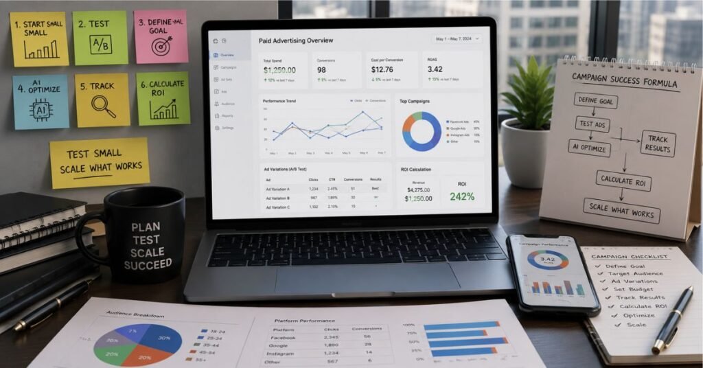 Marketing team reviewing website analytics dashboard to track SEO and paid ad campaign performance