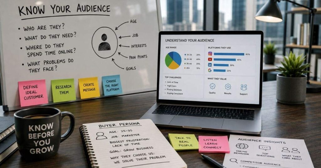 Small business owner using AI tools to create social media content and email marketing campaigns