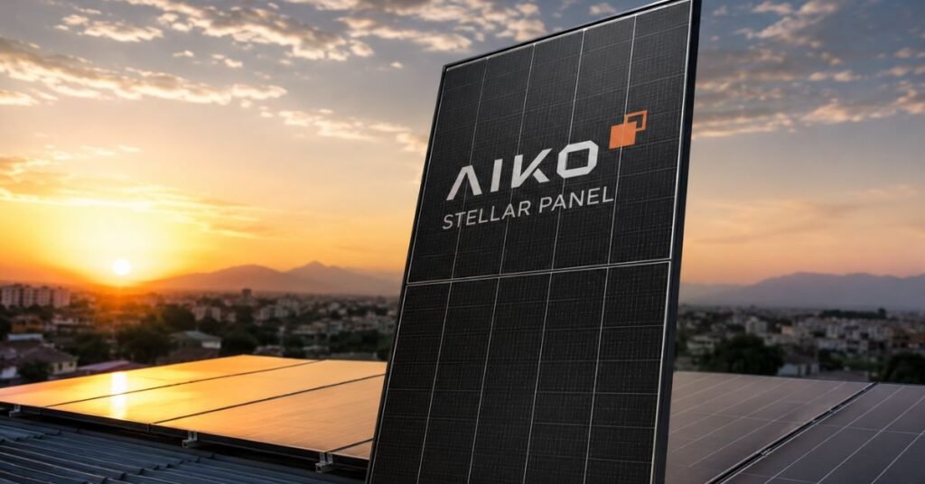 Aikko solar stellar panel on rooftop, showing clean all-black back-contact cell design in bright sunlight.