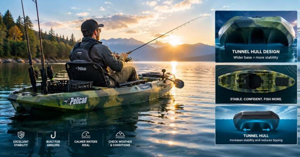 Rear tank well and rod holders on Pelican Catch Mode 110 kayak for gear storage and easy fishing access.