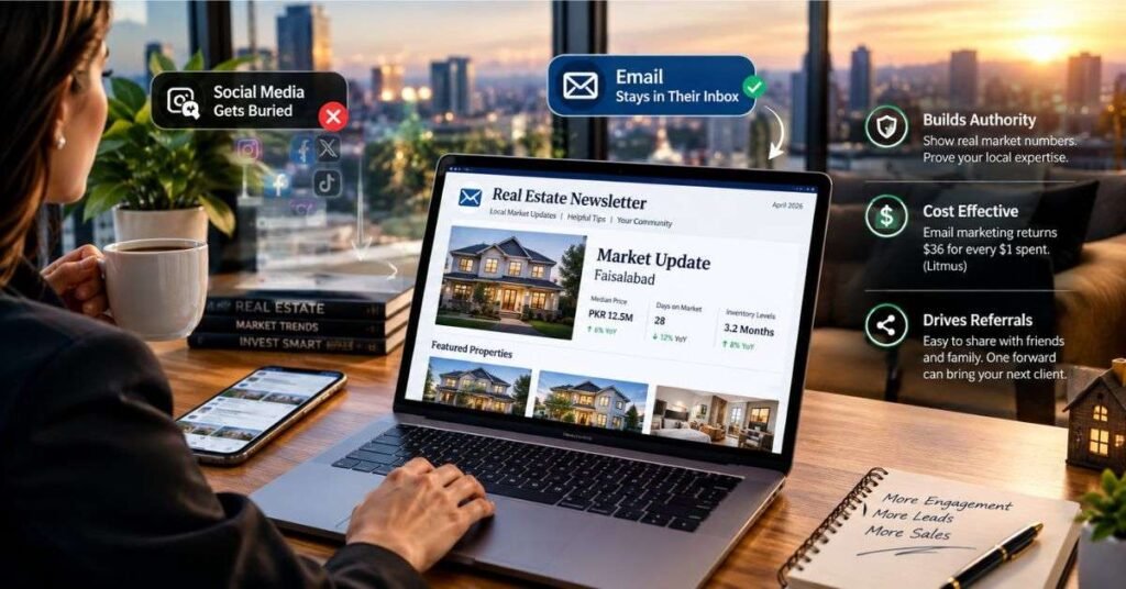 Checklist graphic showing real estate newsletter content ideas like listings, tips, and local news