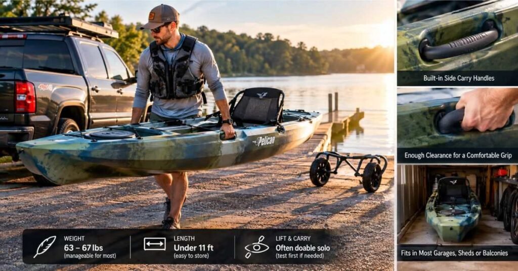 Pelican Catch Mode 110 fishing kayak on calm lake water showing tunnel hull stability design clearly.