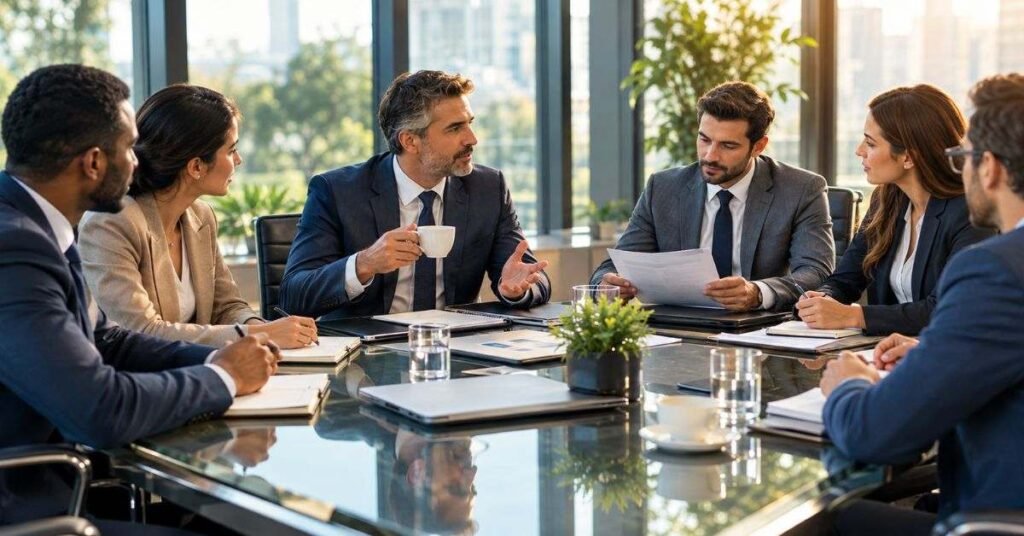 Small team meeting with an expert to discuss business goals and growth steps on an office whiteboard