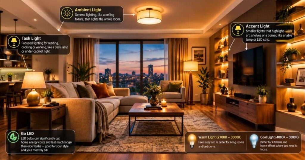 Warm-toned floor lamp and table lamp lighting a living room for a cozy interior decoration tips look