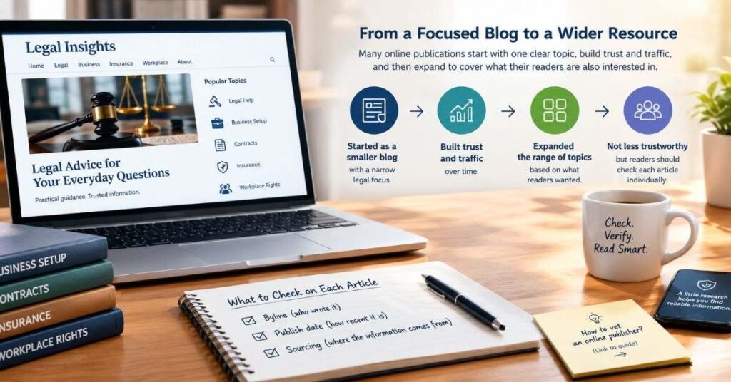 Checklist graphic showing five questions readers should ask before trusting any legal blog website