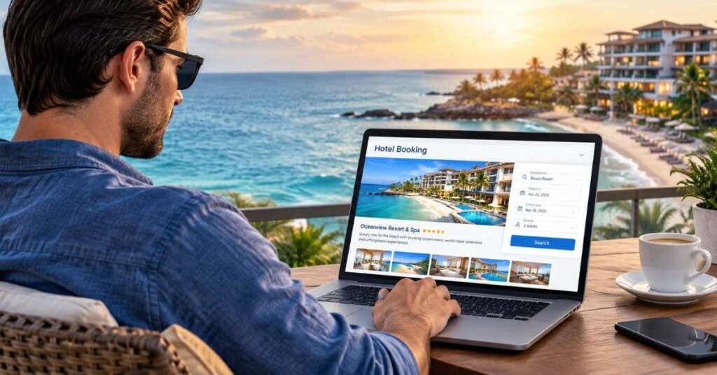 Traveler comparing hotel prices and total fees on a mobile phone screen before booking a room online