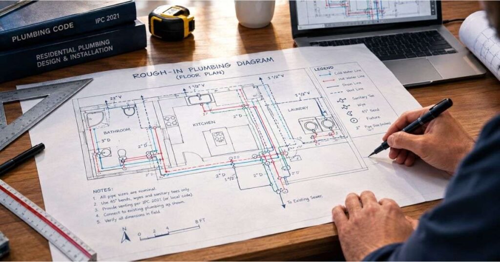 Close-up view of rough-in plumbing diagram symbols, including solid drain lines and dashed vent line