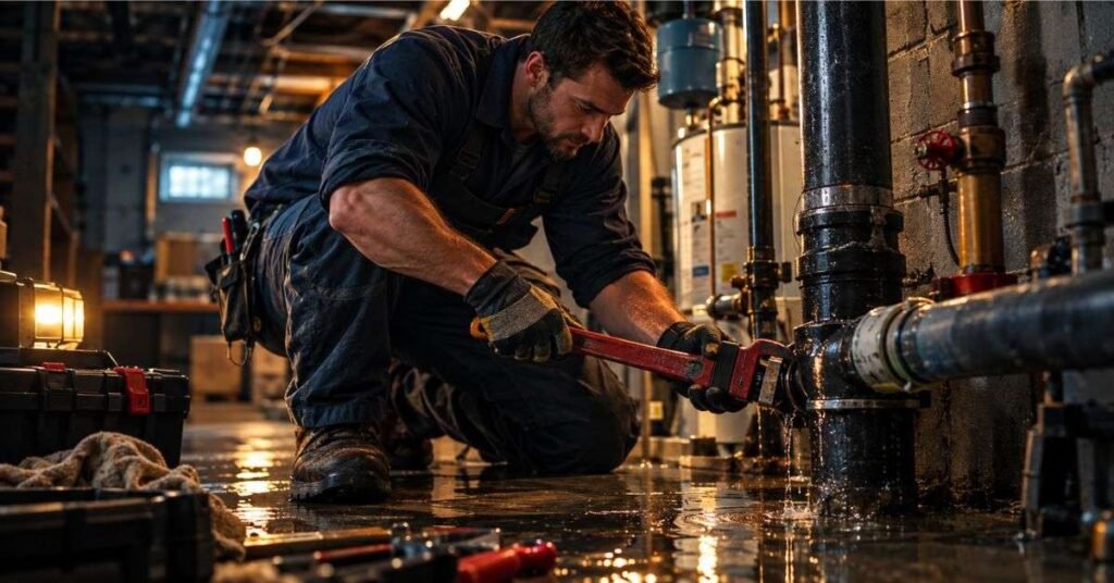 Professional plumbing technician inspecting a water heater installation in an Annapolis basement