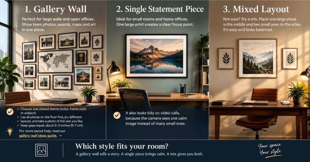 Wall-mounted wooden shelf with tiny pots, a framed leaf print, and a pothos plant beside a work desk