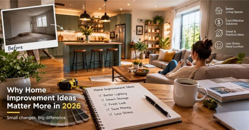 Cozy living room with new cushions, soft rug, warm lamps showing simple 2026 home improvement ideas