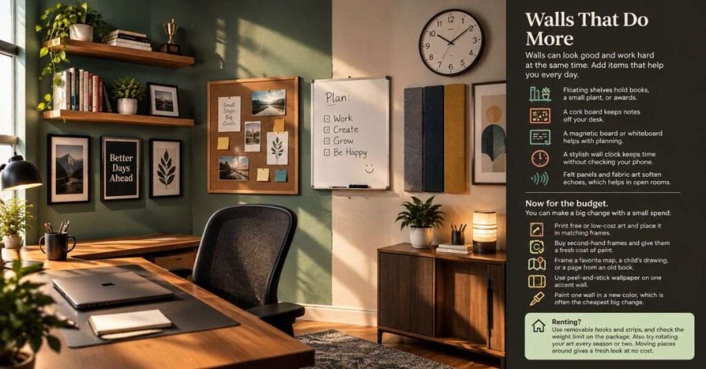 Neat gallery wall in a bright workplace with matching black frames, equal spacing, and a green plant