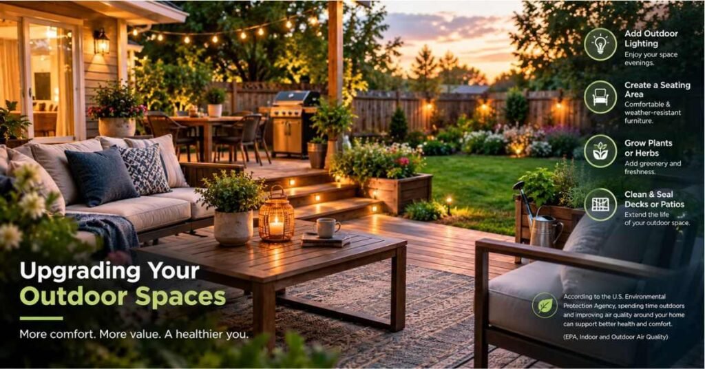 A small backyard patio with cozy seating, string lights, and potted plants for simple upgrade idea.