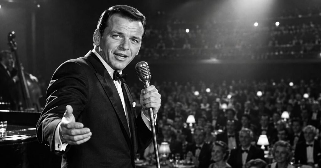 Frank Sinatra performing on stage in a classic black tuxedo during his peak singing career
