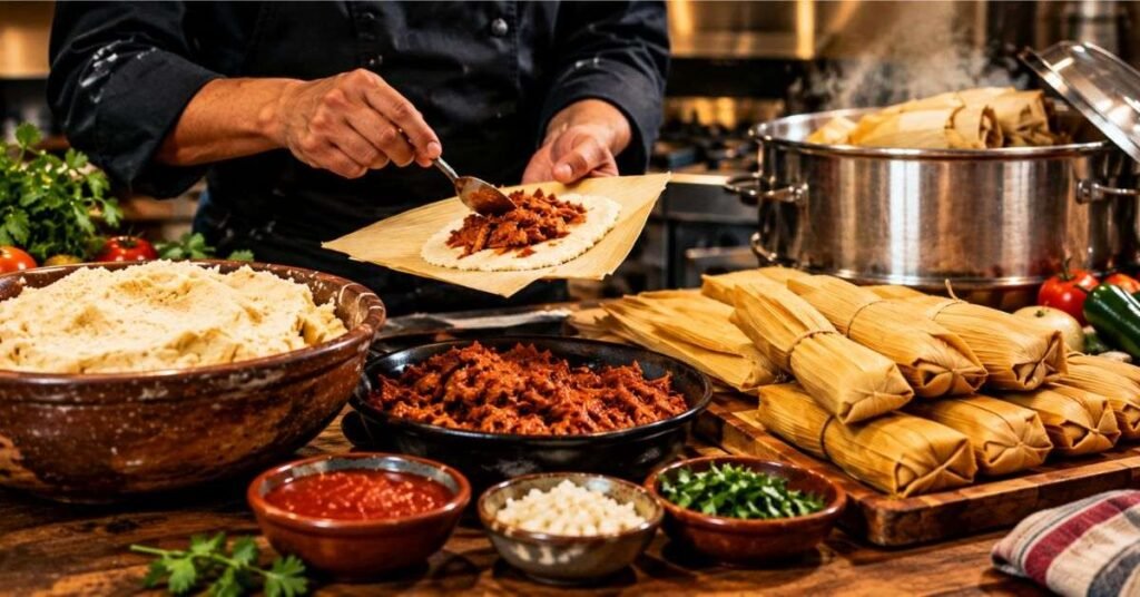Assembled tamales filled with pork in red chile sauce, folded neatly and ready to go into a steamer.