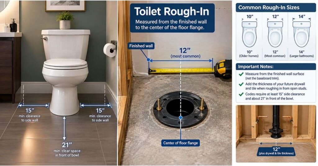 Bathroom plumbing rough-in diagram showing toilet, sink, and shower pipe placement for a home remodel