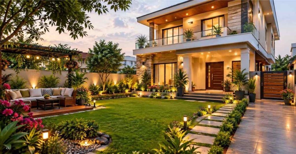 Cozy garden seating area with solar path lights glowing softly at dusk