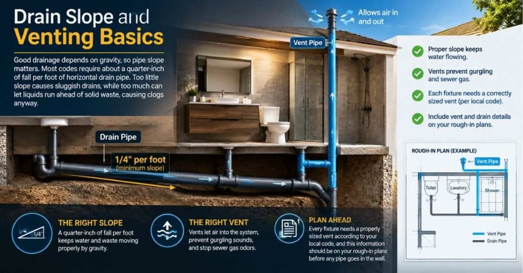 Vanity sink rough-in diagram showing drain height and hot cold water supply line placement