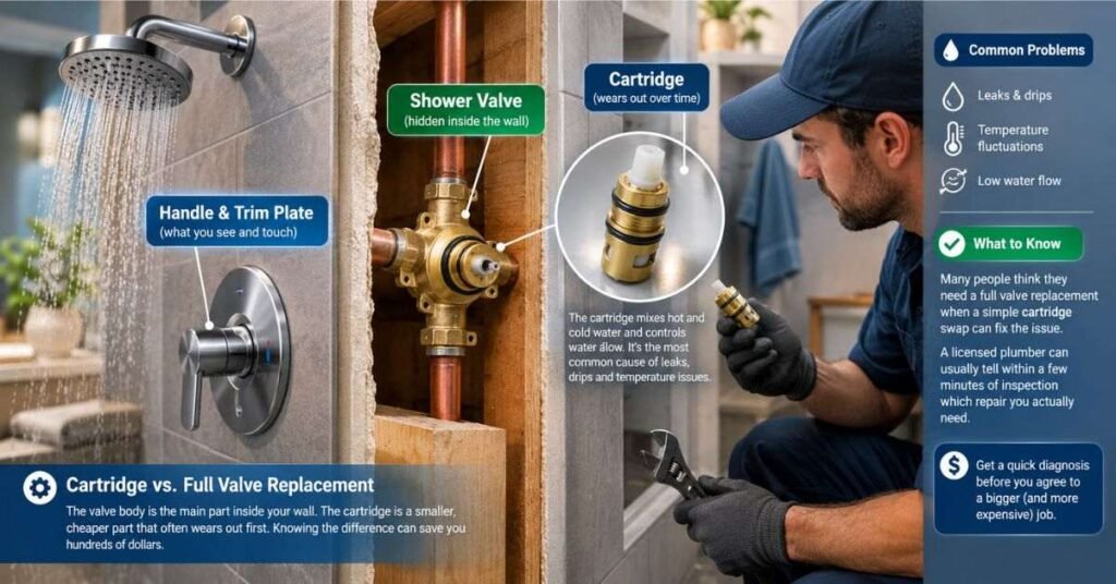 Chart comparing shower valve replacement cost by type: cartridge, mixing valve, and diverter valves