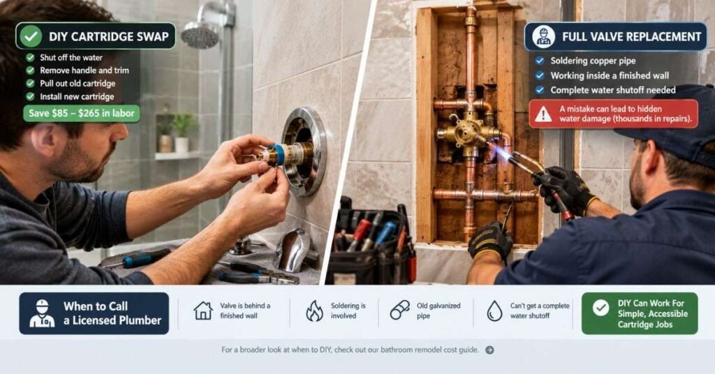 Plumber replacing a worn shower valve cartridge inside bathroom wall to fix a leaking shower handle